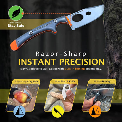 Scout Feather Glow - Fixed Blade Survival Knife with built-in Firestarter for Camping, Hunting, Outdoor Adventure and Culinary Need - VG10 Blade, Whistle, Knife Sharpener, Compact Sheath & G10 Handle
