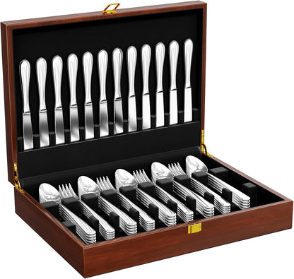 Solid Walnut Silverware Storage Box, 2-Layer Silverware Chest with Drawer, Flatware Case with Lid and Felt Lined, Wood Flatware Storage Box Holds 12-16 Sets of Utensils, Wedding Housewarming Gifts