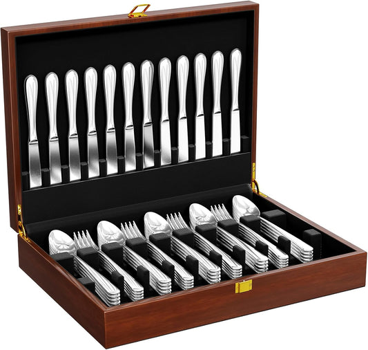 Solid Walnut Silverware Storage Box, 2-Layer Silverware Chest with Drawer, Flatware Case with Lid and Felt Lined, Wood Flatware Storage Box Holds 12-16 Sets of Utensils, Wedding Housewarming Gifts