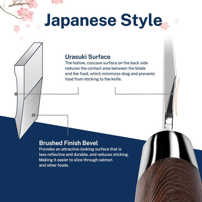 Gourmetop Japanese Sashimi Sushi Knife 10 Inch – VG10 Steel Yanagiba Knife with Urasuki & Brushed Bevel, Wenge Wood D-Shape Handle – Professional for Japanese Salmon & Sushi Cutting