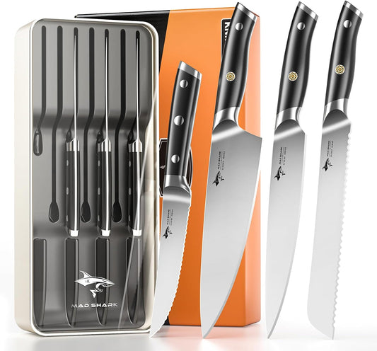 MAD SHARK 11-Piece Kitchen Knife Block Set with Sharpener Rod, Professional German High-Carbon Steel Chef Set,15° Ultra-Sharp Edge,Full-Tang Handle,Valentine Gift for husband Wife Friends
