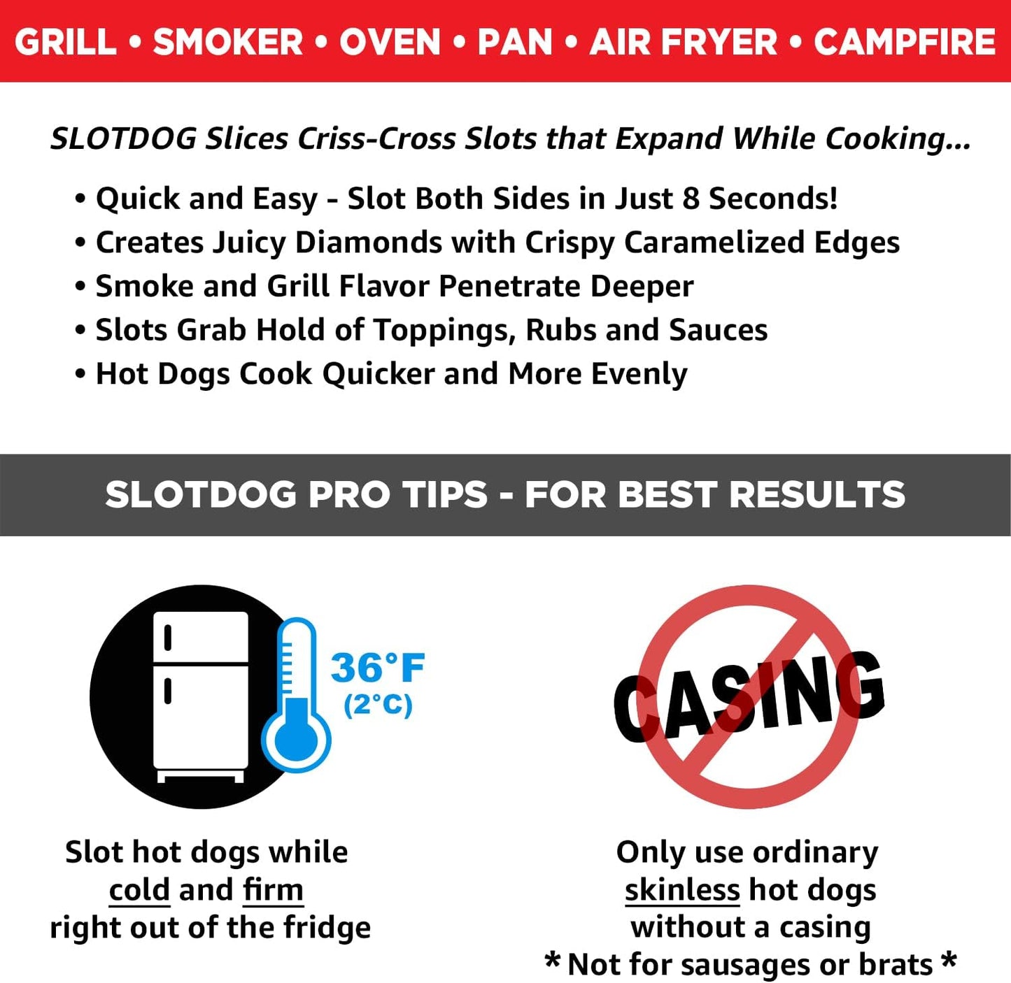 SLOTDOG - Hot Dog Slicing Tool - Stainless Steel Cutter Blades for Kitchen, Grilling, Tailgating, Camping and Backyard Outdoor BBQ - 10 inch - Red