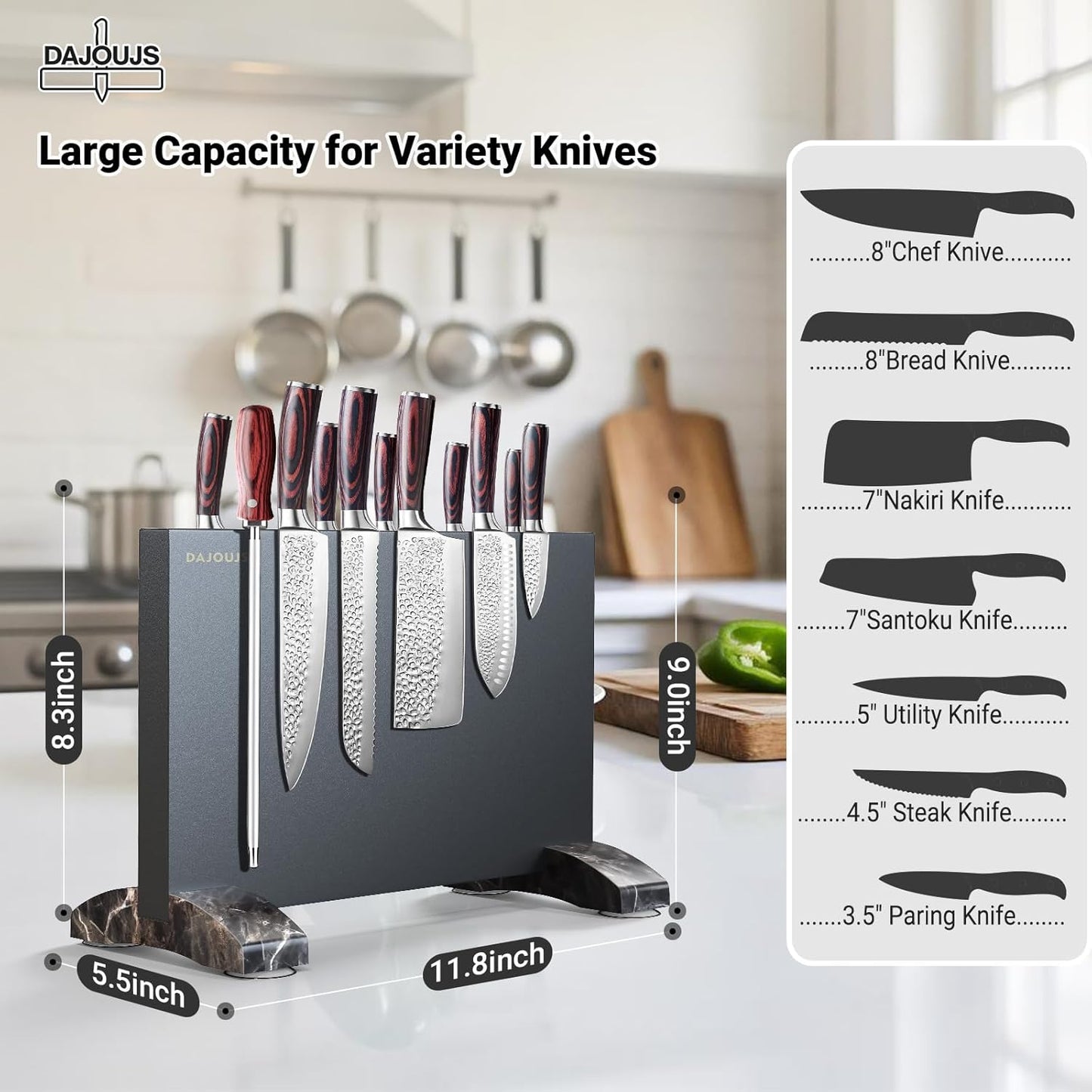 Magnetic Knife Holder, Stainless Steel Magnetic Knife Block without Knives, Strong Double Sided Magnet Knife Storage Strip with Wood Base for Kitchen Counter-Silver