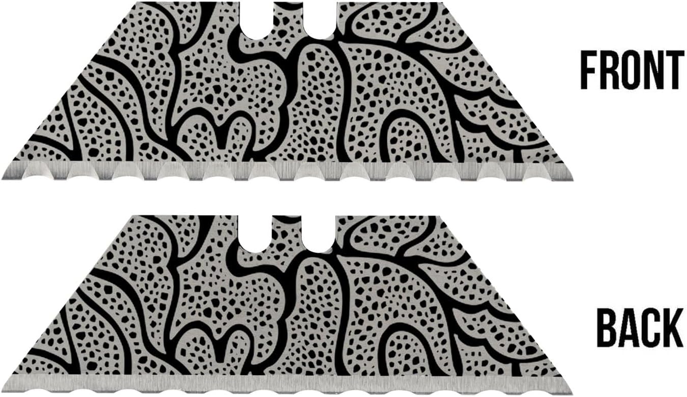 NDZ Performance Serrated Steel Blade Replacement for Utility Knife & Box Cutters, Custom Double Sided Laser Engraved Designs, Silver - Skull - 3 Pack