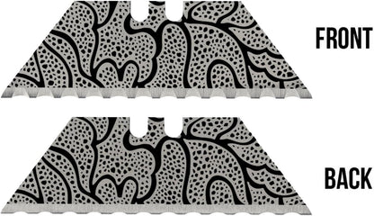 NDZ Performance Serrated Steel Blade Replacement for Utility Knife & Box Cutters, Custom Double Sided Laser Engraved Designs, Silver - Skull - 3 Pack
