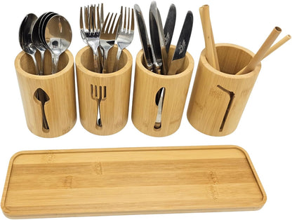 Bamboo Cutlery Holder Set - 3 Kitchen Utensils Holder Organiser with Bamboo Tray | Decorative Kitchen Countertop Stand | Knife, Fork and Spoon Holders