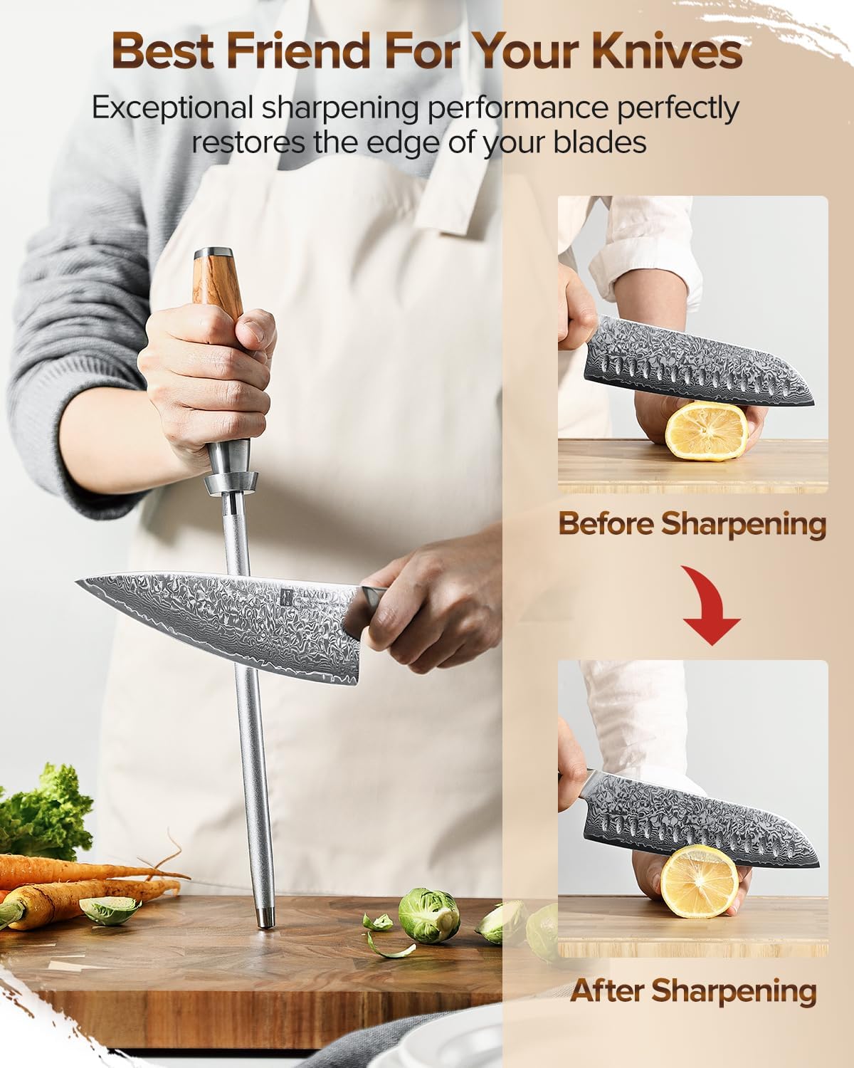 XINZUO In-Drawer Acacia Wood Storage Block with Steak Knife Set of 4,Knife Drawer Organizer,73-layer Damascus Steel Kitchen Knife Set with Olive Wood Handle