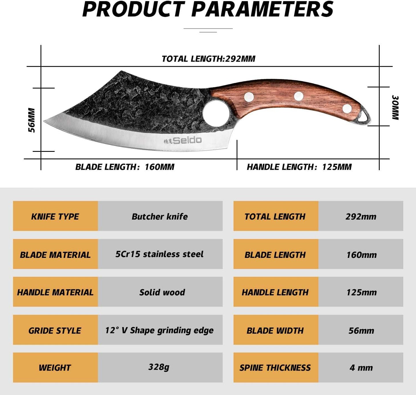 Seido Knives Hakai Chef Cleaver Knife | High Carbon Stainless Steel Meat Cleaver for Kitchen, Camping & BBQ | Japanese-Style Butcher Knife with Ergonomic Rosewood Handle & Leather Sheath