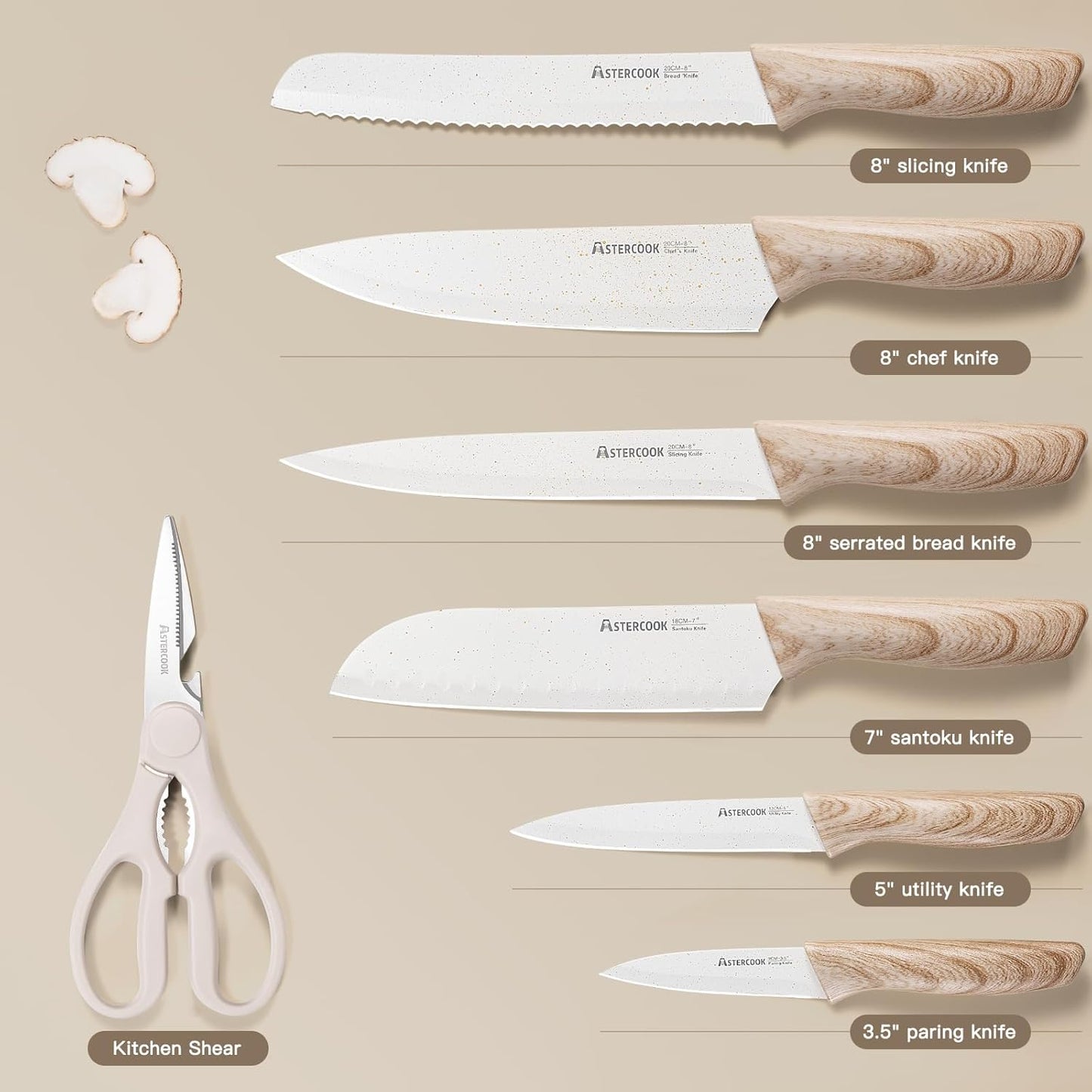 Astercook Knife Set, 13 Pieces Kitchen Knives Set with Ceramic Coating, Stainless Steel Chef Knife Sets with 6 Blade Guards, Dishwasher Safe Knives with Wooden Handle, White Mothers Day Gifts