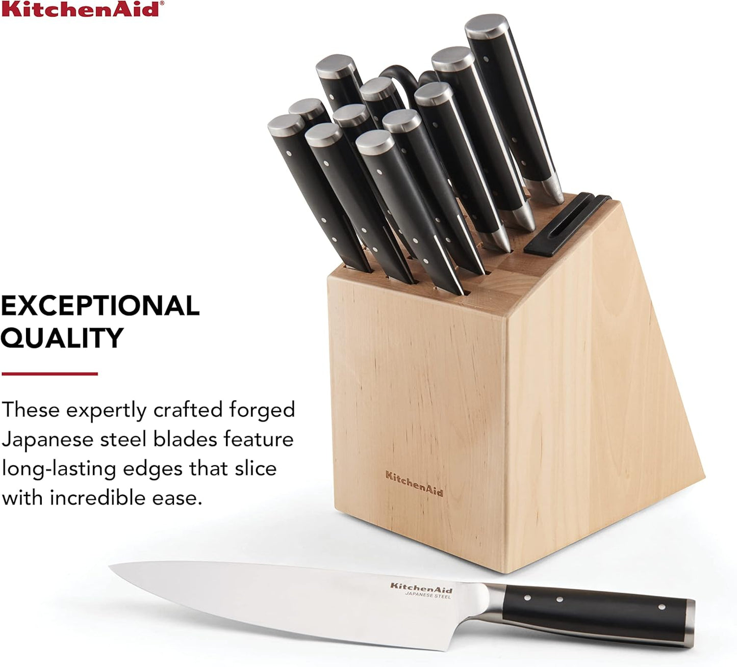 KitchenAid Gourmet Forged Triple Rivet Knife Block Set with Built-in Knife Sharpener, High Carbon Japanese Stainless Steel Kitchen Knives, Sharp Kitchen Knife Set with Block, Birchwood, 14-Piece