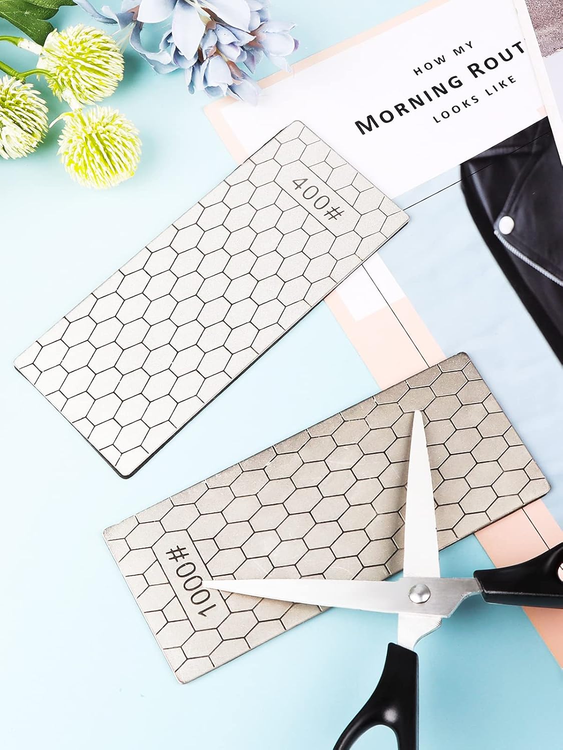 2PCS Diamond Sharpening Stone, Kalolary Knife Sharpener Stone Whetstone Honeycomb Surface Diamond Sharpener Plate with Non-slip Base for Pocket Knives Scissors, Outdoor Kitchen Tools (600/1200 Grit)