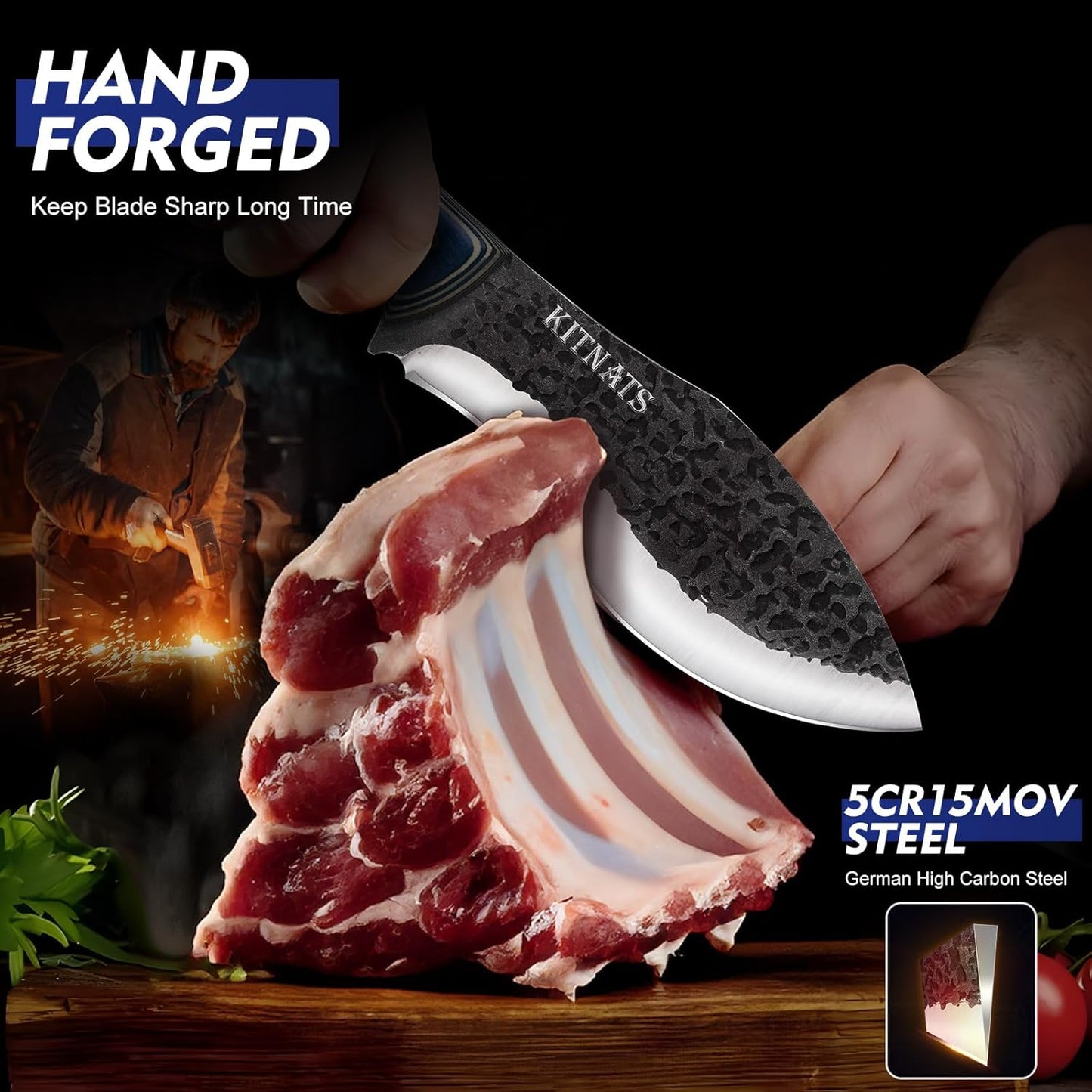 KITNATS 3PCS Butcher Knife Set, Hand Forged kitchen Knife Set-Heavy Duty Bone Chopper & Meat Cleaver & Viking Chef Knife Set for Home, Outdoor Cooking, Camping BBQ