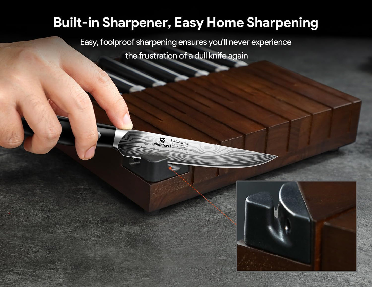 Piklohas Steak Knives Set of 8 with Drawer Organizer Built-in Sharpener, 4.6 Inch Non Serrated Dinner Knife, Forged German Steel Damascus Pattern Straight Edge Meat Knife with Full Tang Handle, Black
