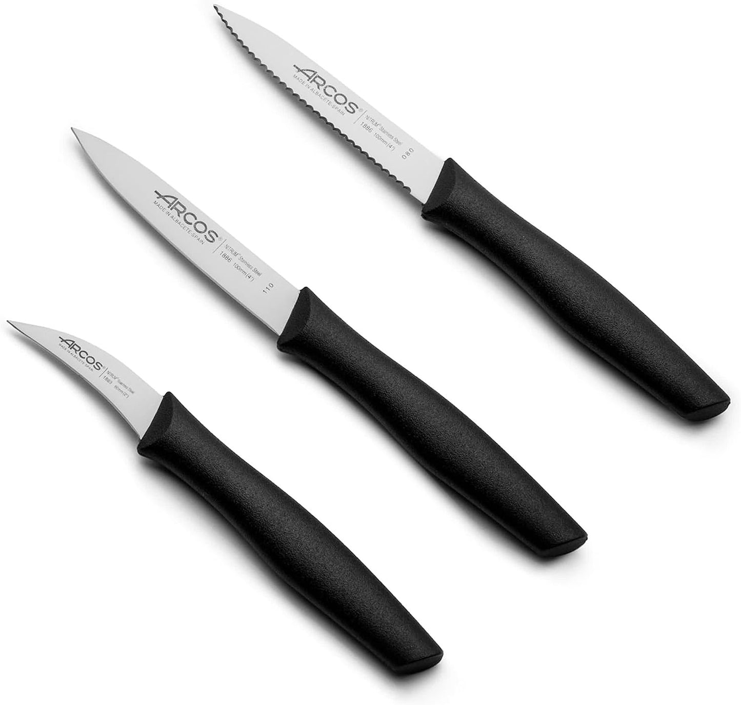 Arcos Set 3 pieces Paring Knife 3 Inch. 3 Paring Knives of Stainless Steel and Ergonomic Polypropylene Handle for Cutting Fruits, Vegetables and Tubers.. Series Nova. Color Black