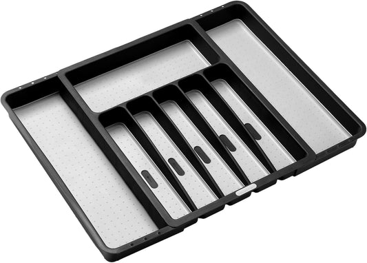 madesmart Expandable Silverware Tray, 8 Compartment Silverware Organizer for Forks, Knives & Spoons, Non Slip, Soft Grip Base, Expands to Fit Most Drawers, Carbon
