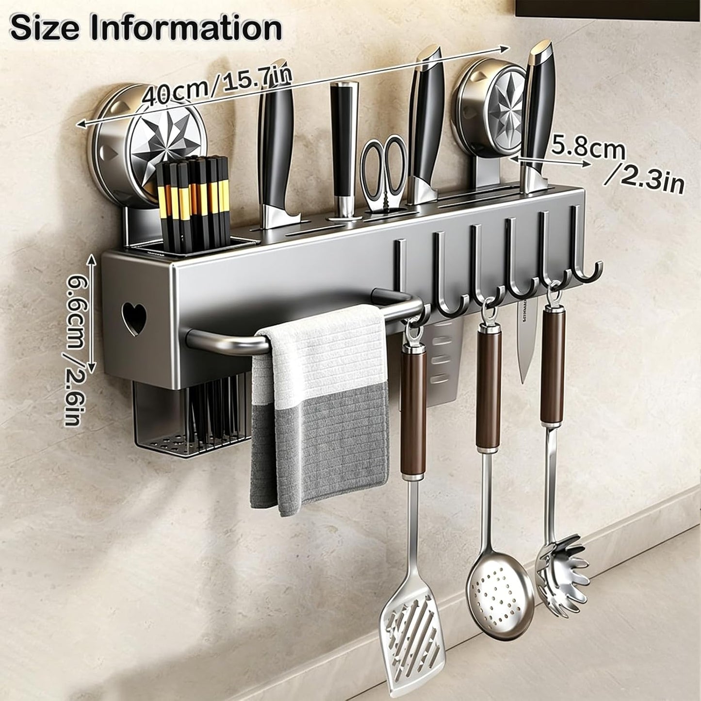 19.7" Drill-Free Wall-Mounted Knife Holde, Carbon Steel Knife Holder Rack with Self-Adhesive, Black Space Saving Utensil Organizer with Hooks & Hanging Bar, for Knife Storage, Scissors, Spatula