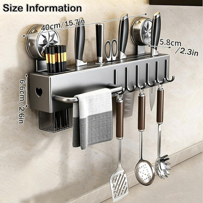 19.7" Drill-Free Wall-Mounted Knife Holde, Carbon Steel Knife Holder Rack with Self-Adhesive, Black Space Saving Utensil Organizer with Hooks & Hanging Bar, for Knife Storage, Scissors, Spatula