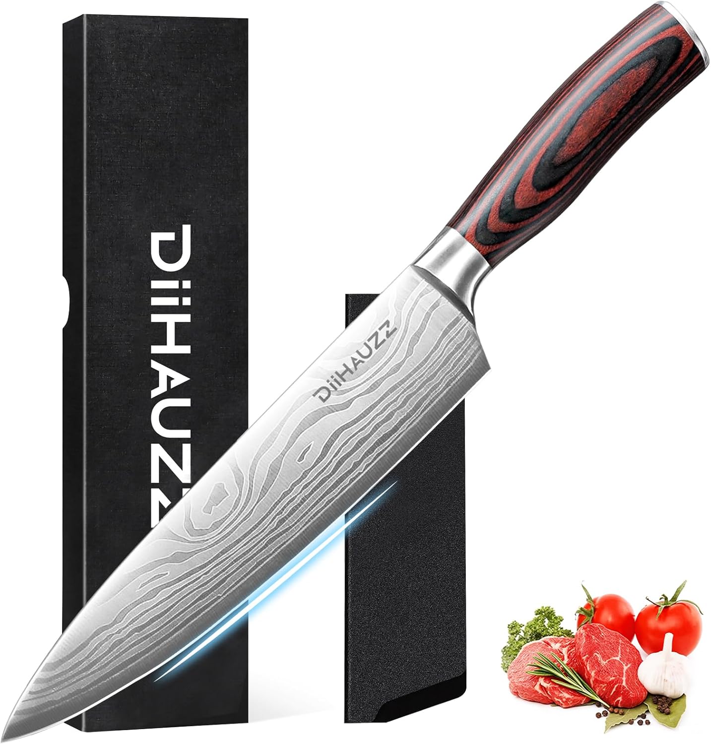 DiiHAUZZ Steak Knives Set of 6, Serrated Steak Knife Set 4.5 Inch, Ultra Sharp Forged High Carbon Stainless Steel Dinner Knife with Ergonomic Pakkawood Handle, Damascus Pattern and Gift Box