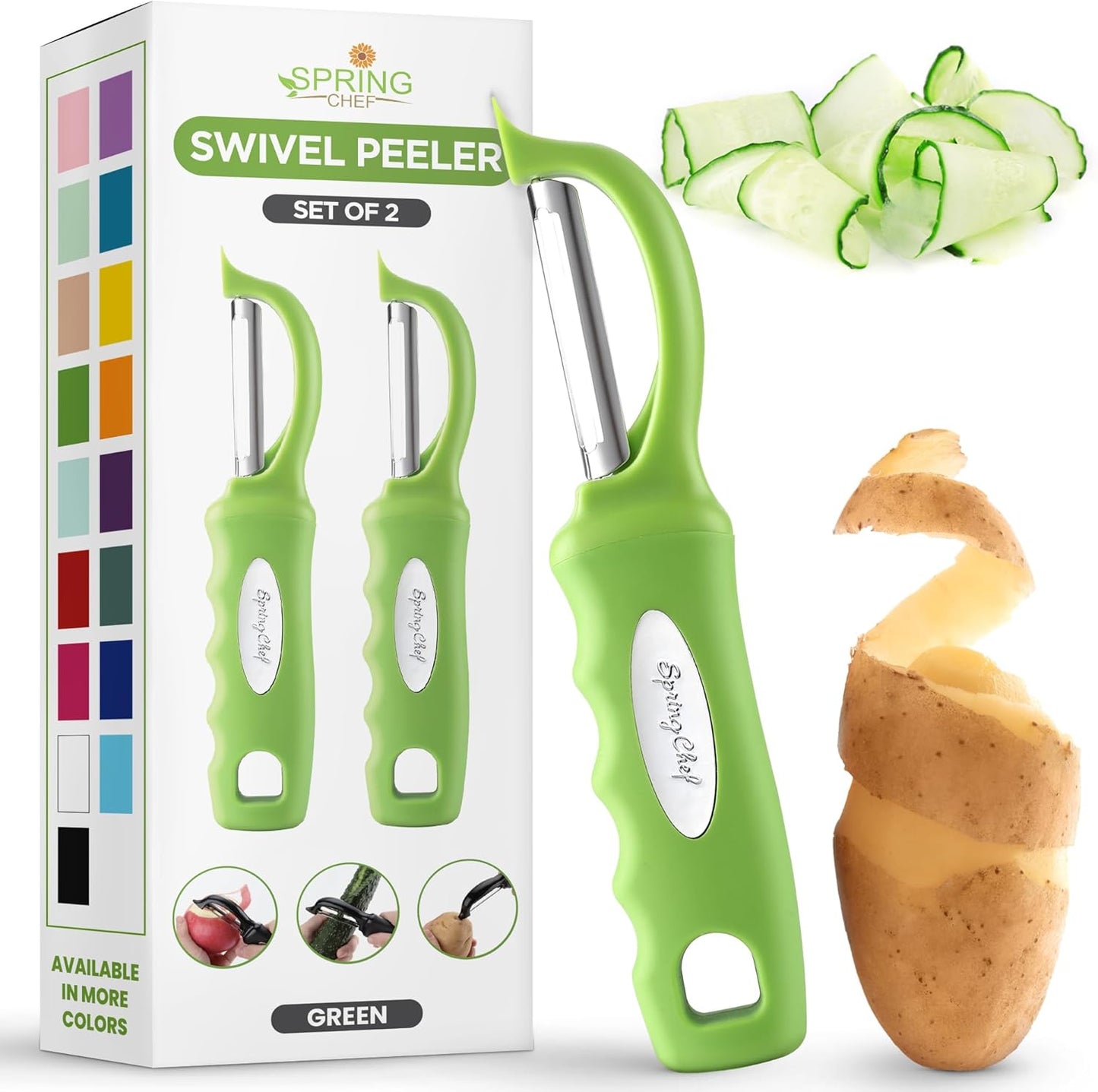 Spring Chef Premium Swivel Vegetable Peeler, Soft Grip Handle and Ultra Sharp Stainless Steel Blades - Perfect Kitchen Peeler For Veggie, Fruit, Potato, Carrot, Apple - Black