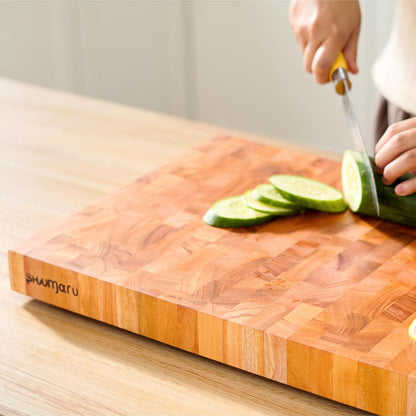 SHUMARU Mahogany End Grain Cutting Board, 17×13×1.6 in – Handmade Butcher Block, Knife-Friendly, Juice Groove, Non-Slip Feet