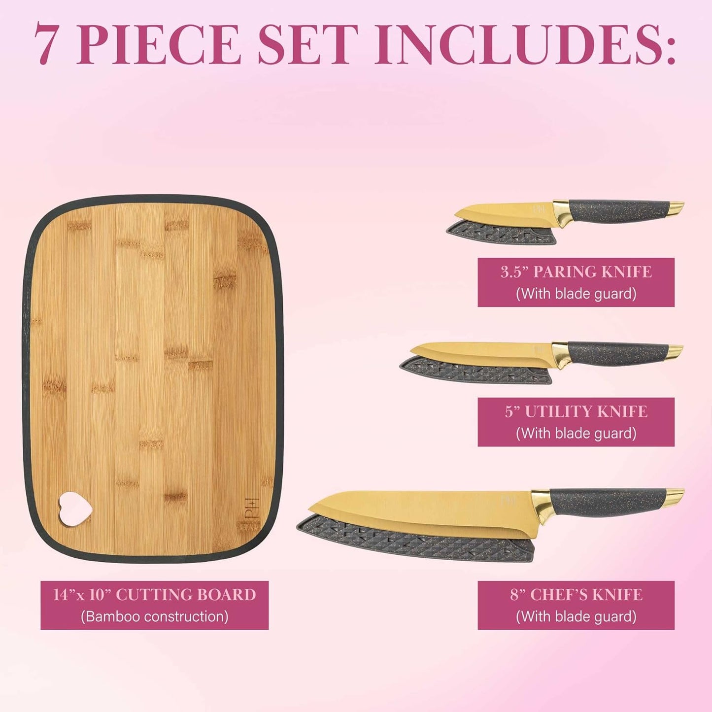 Paris Hilton Bamboo Cutting Board for Kitchen, Reversible Cutting Board and Cutlery Set with High Carbon Stainless Steel Knives and Blade Guards, Comfortable Handle Grips, 7-Piece Set, Gold and Pink