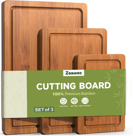 3-Piece Set Bamboo Cutting Board for Kitchen - Crack-Resistant Wood Chopping Boards with Deep Juice Grooves, Pre-Oiled Butcher Block for Meat, Vegetables & Cheese, Natural