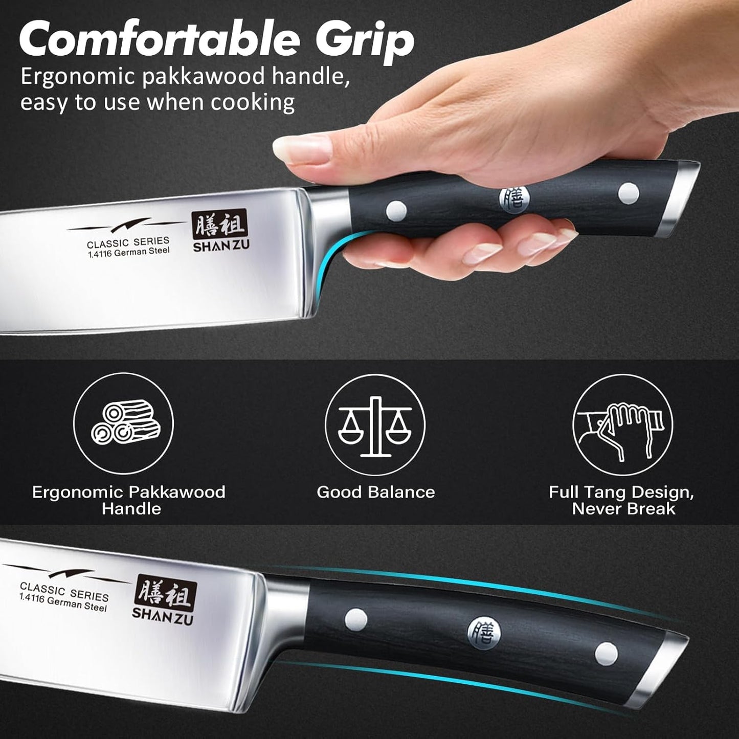 SHAN ZU 3Pcs BBQ Carving Knife Set with Sheath – for Turkey, Meat, BBQ, Brisket, Razor Sharp Slicing Knife, Professional 5Cr15MoV Stainless Steel, Ergonomic Full Tang Wood Handle, Gift Box Included
