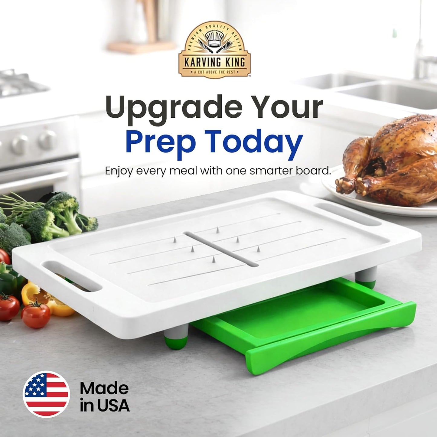 Large Cutting Board - Karving King Plus Meal Prep System with Juice Groove, Spikes, Drip Tray & Removable BPA Free Cutting Board - Patented Multi-Feature Design Carving Board - BBQ & Kitchen Essential