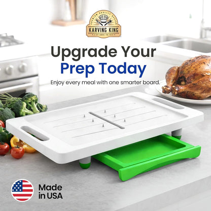 Large Cutting Board - Karving King Plus Meal Prep System with Juice Groove, Spikes, Drip Tray & Removable BPA Free Cutting Board - Patented Multi-Feature Design Carving Board - BBQ & Kitchen Essential