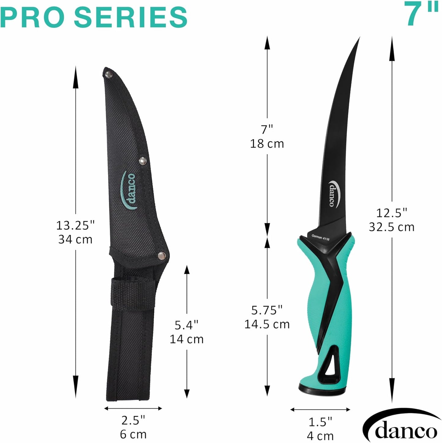 danco Pro Series 7" Fillet Knife | Full Tang German G4116 Stainless-Steel Blades with Teflon Coating, Molded Nylon Sheath, Perfect for Saltwater Fishing & Hunting