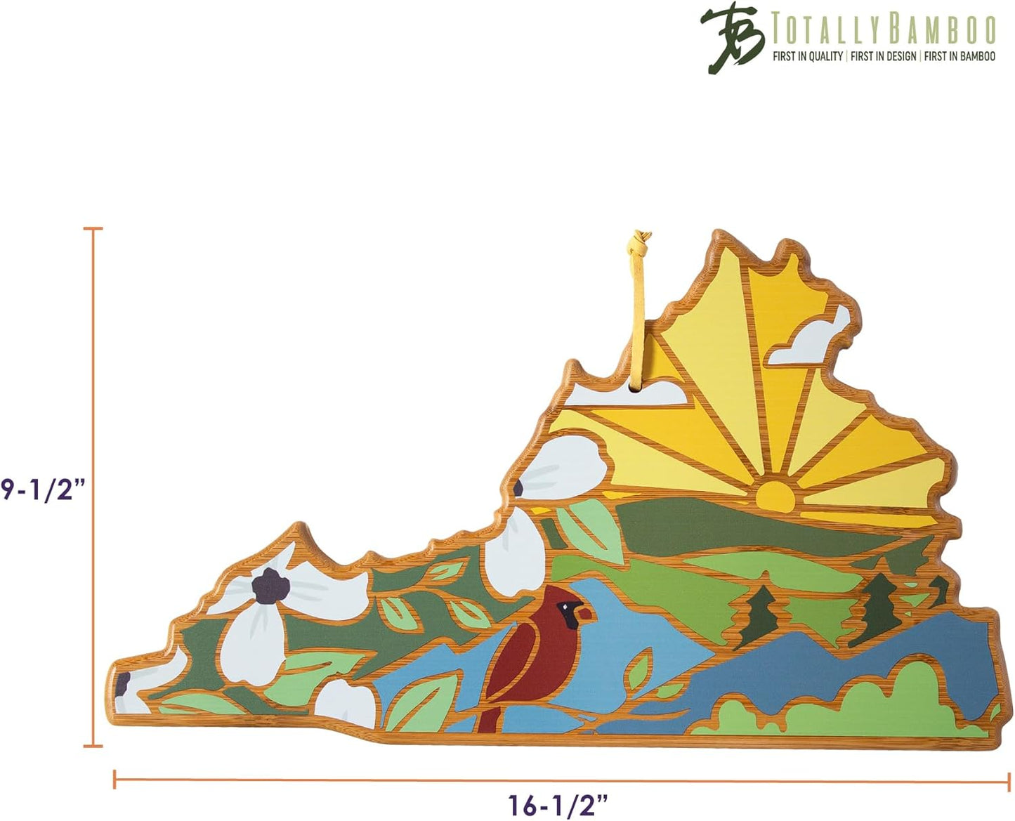 Totally Bamboo North Carolina State Shaped Cutting Board and Charcuterie Serving Platter with Artwork by Summer Stokes, Includes Hang Tie for Wall Display 18" x 8" x 5/8" - Colors A