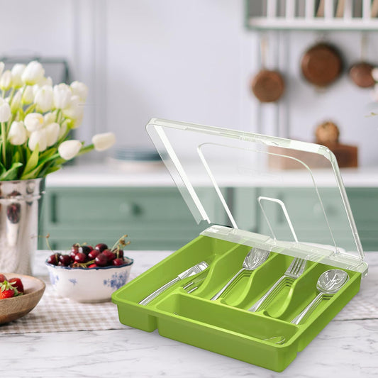 Silverware Organizer with Lid, Covered Utensil Tray for Kitchen Drawer and Countertop, Plastic Cutlery and Flatware Storage Box for Spoons Forks Knives Holder Case, BPA Free Flatware (Green)