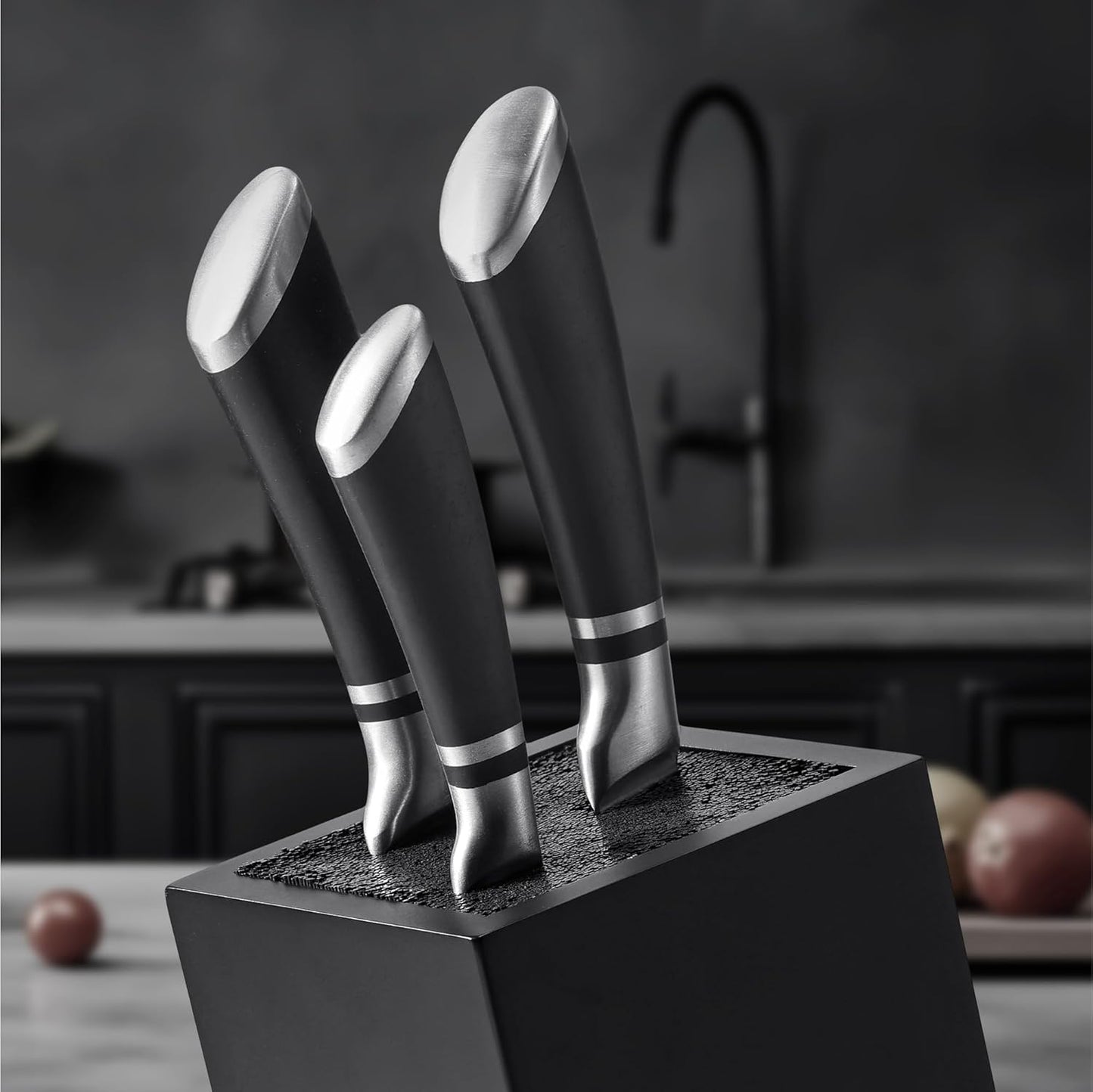Navaris Universal Knife Block Holder - Rubber Wood Stand with Bristles to Fit Different Sizes of Knives - Angled Design, 9.8" x 5.9" x 4.1’" - Black