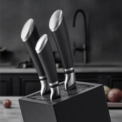 Navaris Universal Knife Block Holder - Rubber Wood Stand with Bristles to Fit Different Sizes of Knives - Angled Design, 9.8" x 5.9" x 4.1’" - Black