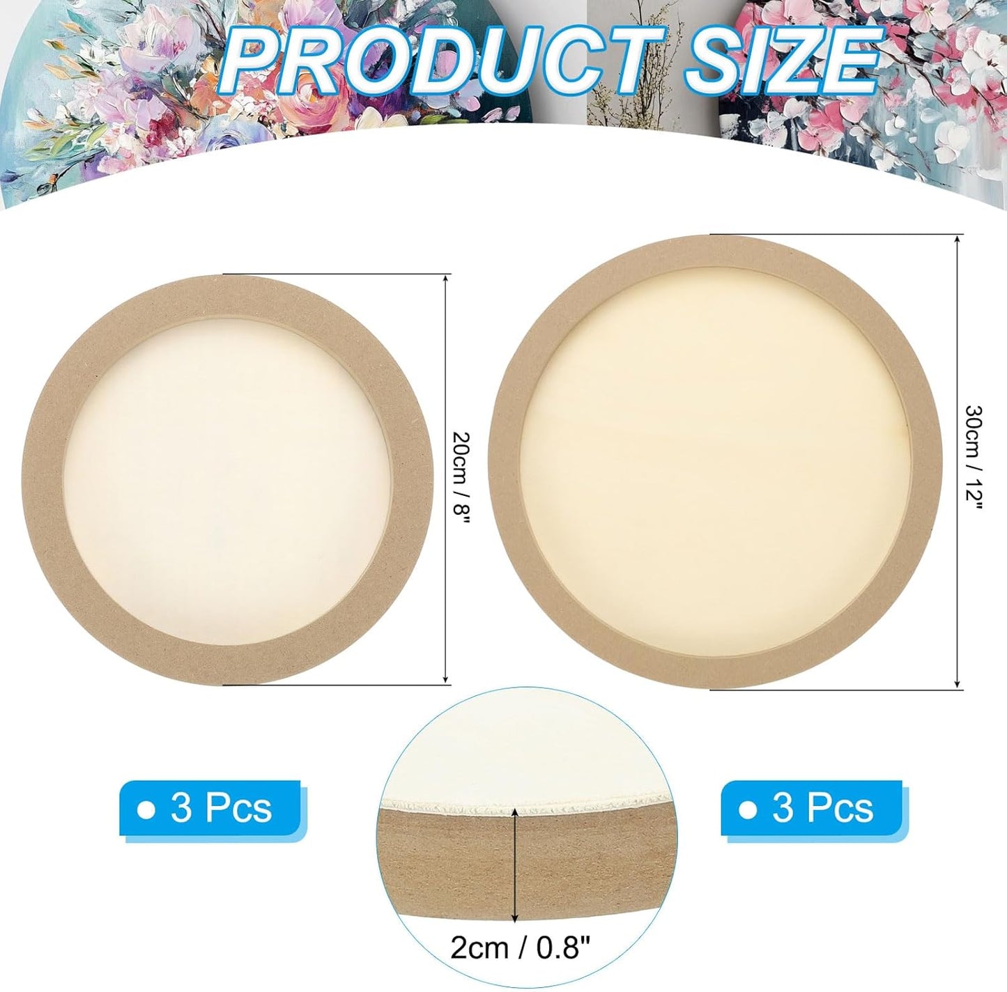 PATIKIL 8" Round Wood Canvas Panels, 6pcs Unfinished Wood Plaque Disc Circle Board for Craft Projects, Art Painting, Carving, Engraving, DIY