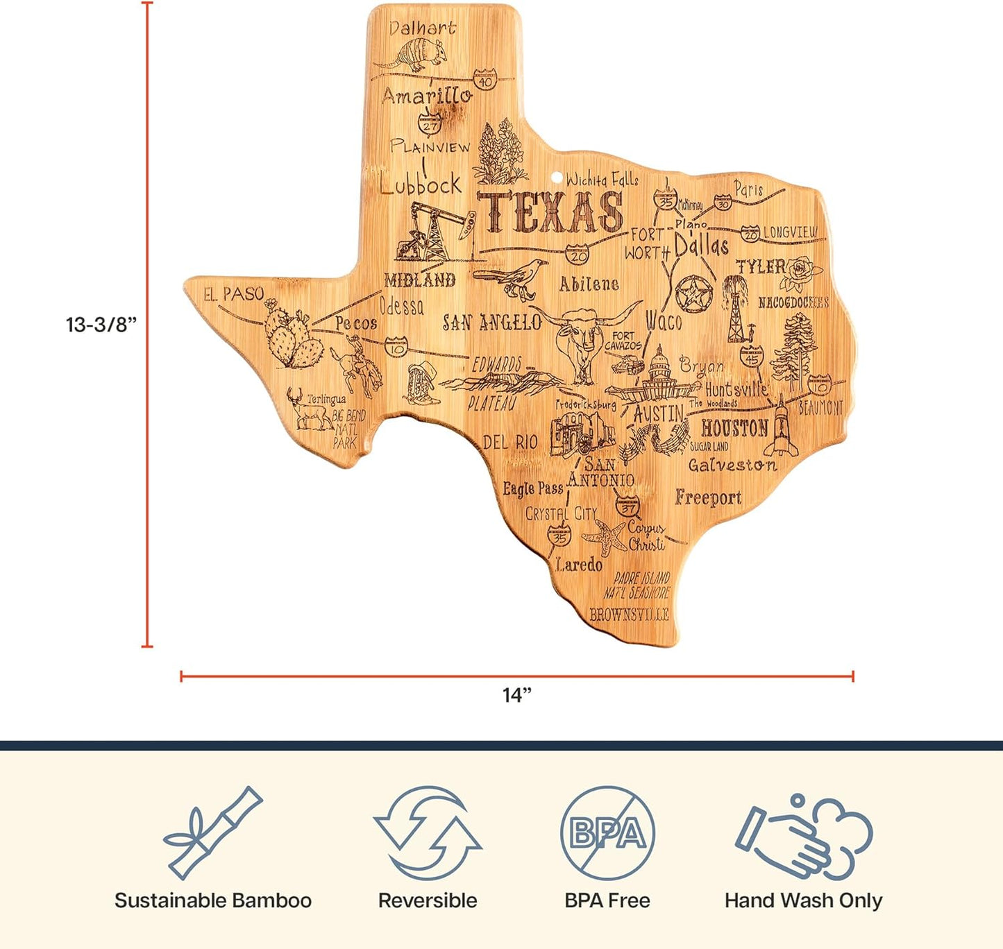 Totally Bamboo Texas State Shaped Bamboo Cutting Board, Charcuterie and Serving Board for Kitchen with Hang Tie for Wall Display
