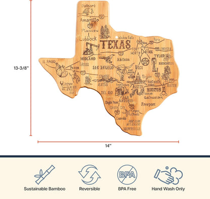 Totally Bamboo Texas State Shaped Bamboo Cutting Board, Charcuterie and Serving Board for Kitchen with Hang Tie for Wall Display