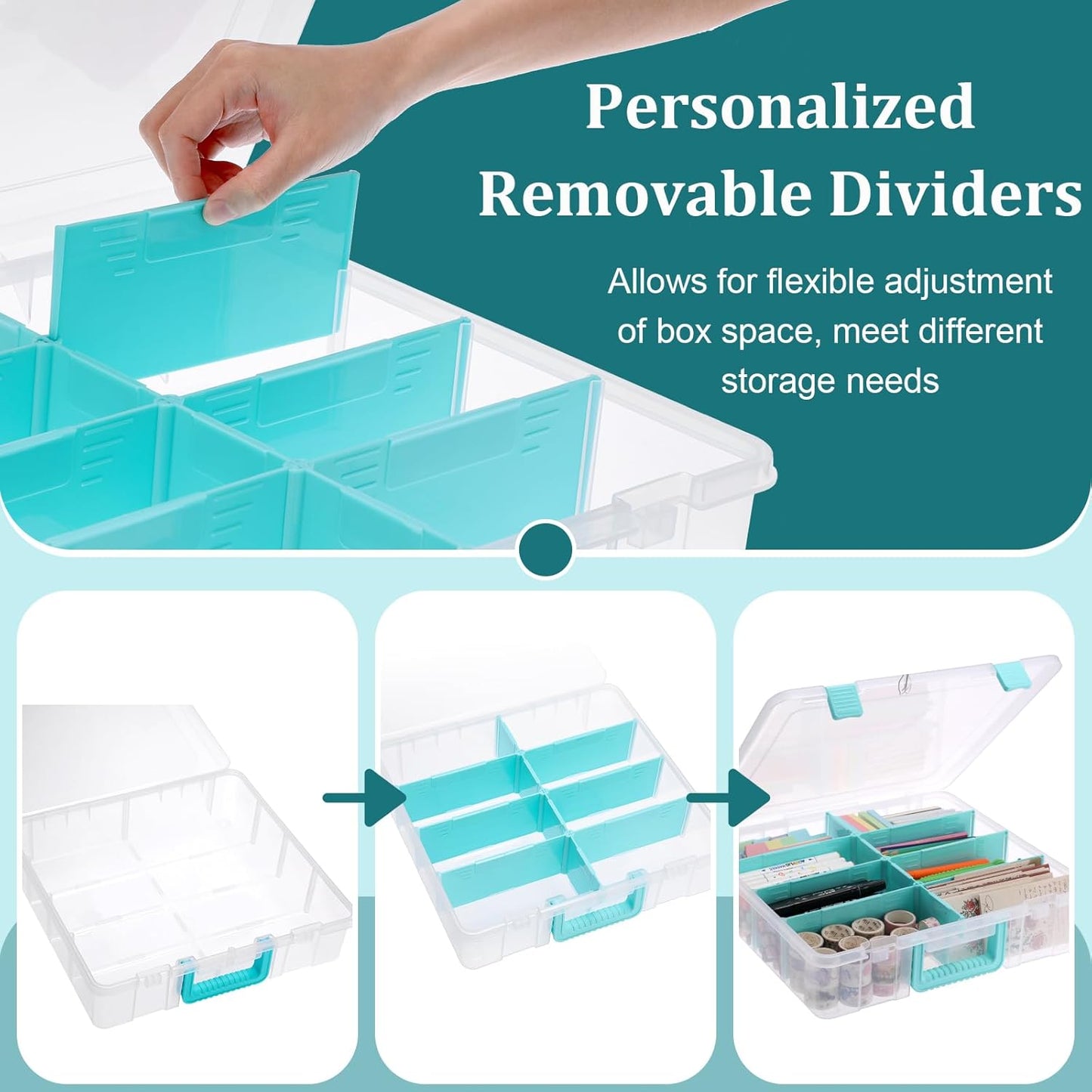 BTSKY Clear Plastic Dividing Storage Box with 4 Compartments Adjustable Storage Bin with Lid Plastic Craft Storage Container Multipurpose Sewing Box Art Supply Organizer, 13.3x8.1x3.4 Inches