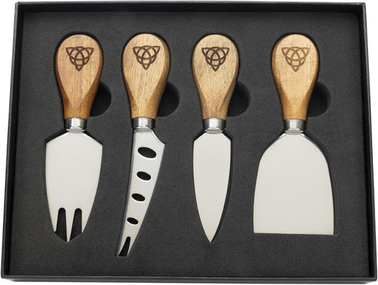 Biddy Murphy Irish Gifts Cheese Knife Set of 4, Irish Hardwood Handles, Laser Cut Trinity Knot Design, Stainless Steel Blade, Gift Boxed Set