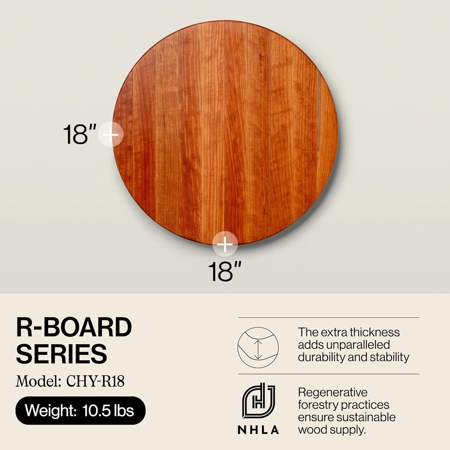 John Boos R-Board Series Round Wooden Cherry Cutting Board 18”x18” – 1.5” Thick, 10.5-lb Reversible Butcher Block with Edge-Grain – Made in the USA