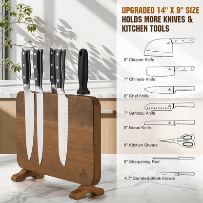 ENOKING Extra Large Magnetic Knife Block, 15.2-In Acacia Wood Knife Holder for Home Kitchen, Universal Knife Holder Stand with Strong Enhanced Magnets for Safe and Multifunctional Knife Storage