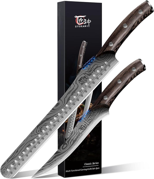 SYOKAMI Brisket Slicing Knife Set, Carving and Boning Knife for Meat & Turkey Cutting, Japanese Style High Carbon Steel Kitchen Knives Set For Home & BBQ, Wood Ergonomic Full Tang Handle, Gift for Mom