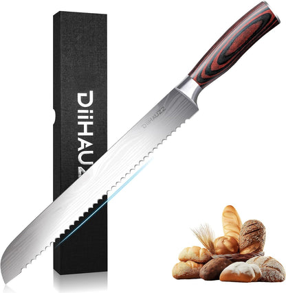 DiiHAUZZ Steak Knives Set of 6, Serrated Steak Knife Set 4.5 Inch, Ultra Sharp Forged High Carbon Stainless Steel Dinner Knife with Ergonomic Pakkawood Handle, Damascus Pattern and Gift Box