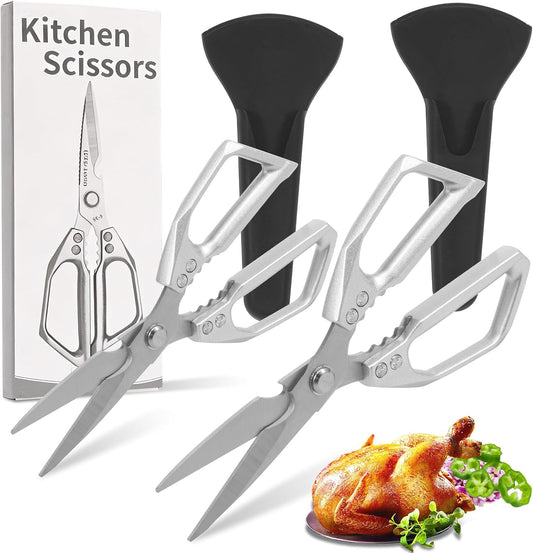 2 Pack Kitchen Scissors Heavy Duty Shears with Protective Sheath Stainless Steel Cooking Scissors Dishwasher Safe Comfort Handle Multifunctional Poultry Shear for Fish Meat Chicken Bone Walnut