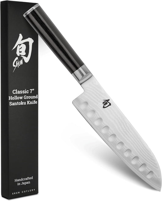 Shun Classic 7" Hollow Ground Santoku Knife, Handcrafted Japanese Cutting Knife, VG-MAX Core with Damascus Stainless Steel Cladding, Pakkawood Handle