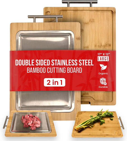 Double Sided Bamboo Cutting Board With Handle, 2-in-1 Stainless Steel Cutting Board With Juice Groove, Large Meat Cutting Board, Wood Cutting Boards For Kitchen, 16.9 x11.8 in