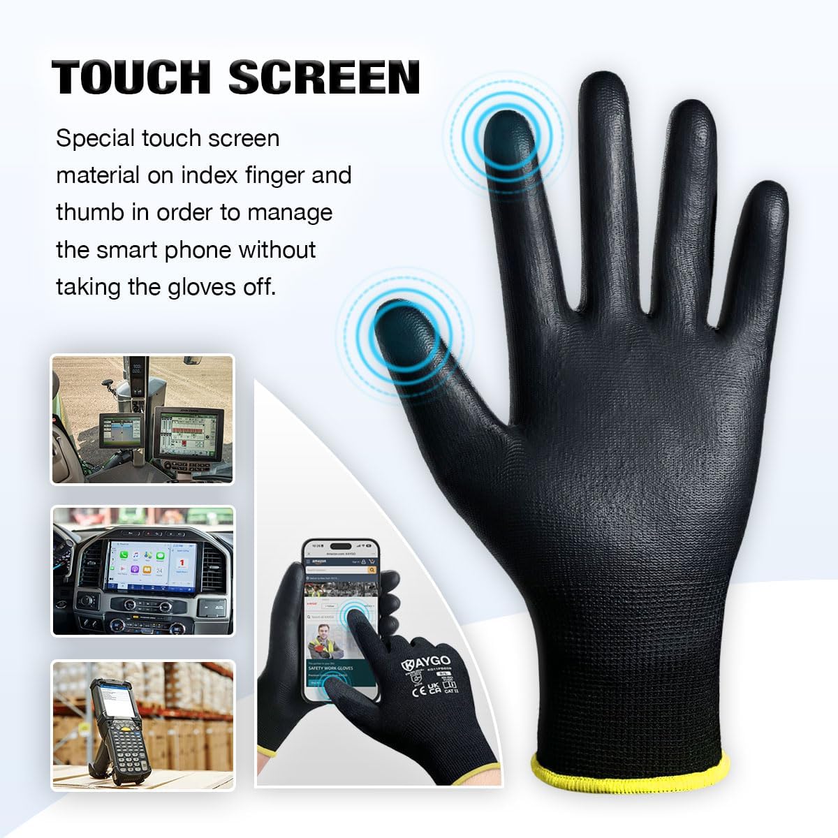 KAYGO Work Gloves for Men and Women,12 Pairs Seamless Knit PU Coated Safety Gloves, with Smooth Grip on Palm and Fingers, Ideal for Light Warehouse, Manufacturing, Gardening, KG11P (M, Black)
