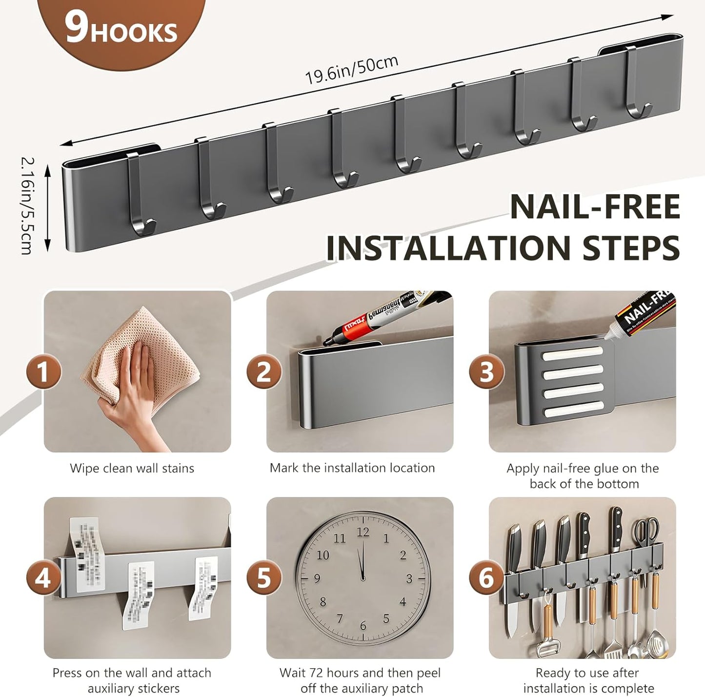 Knife Holder for Wall Mount-Knife Strips with Hooks Stainless Steel Wall Knife Rack-Knife Block-Knife Rack-Utensil Hanger-Kitchen Utensil Holder (Black, 50 CM+9 Hooks)