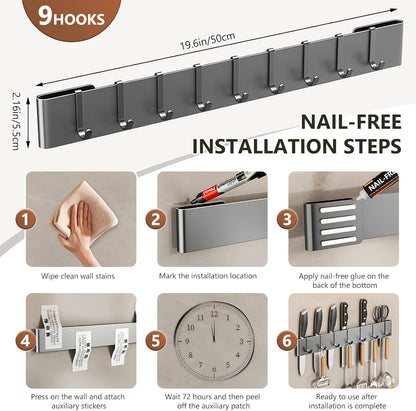 Knife Holder for Wall Mount-Knife Strips with Hooks Stainless Steel Wall Knife Rack-Knife Block-Knife Rack-Utensil Hanger-Kitchen Utensil Holder (Black, 50 CM+9 Hooks)
