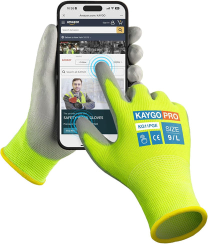KAYGO Work Gloves for Men and Women,12 Pairs Seamless Knit PU Coated Safety Gloves, with Smooth Grip on Palm and Fingers, Ideal for Light Warehouse, Manufacturing, Gardening, KG11P (M, Black)